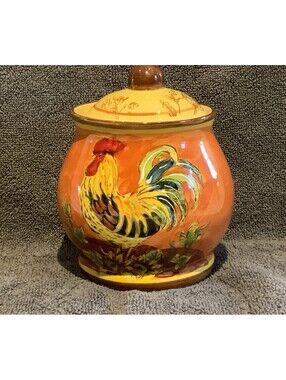 Discontinued Hand Painted Maxera Small Rooster/Sunflower 5”H Sugar Bowl with Lid